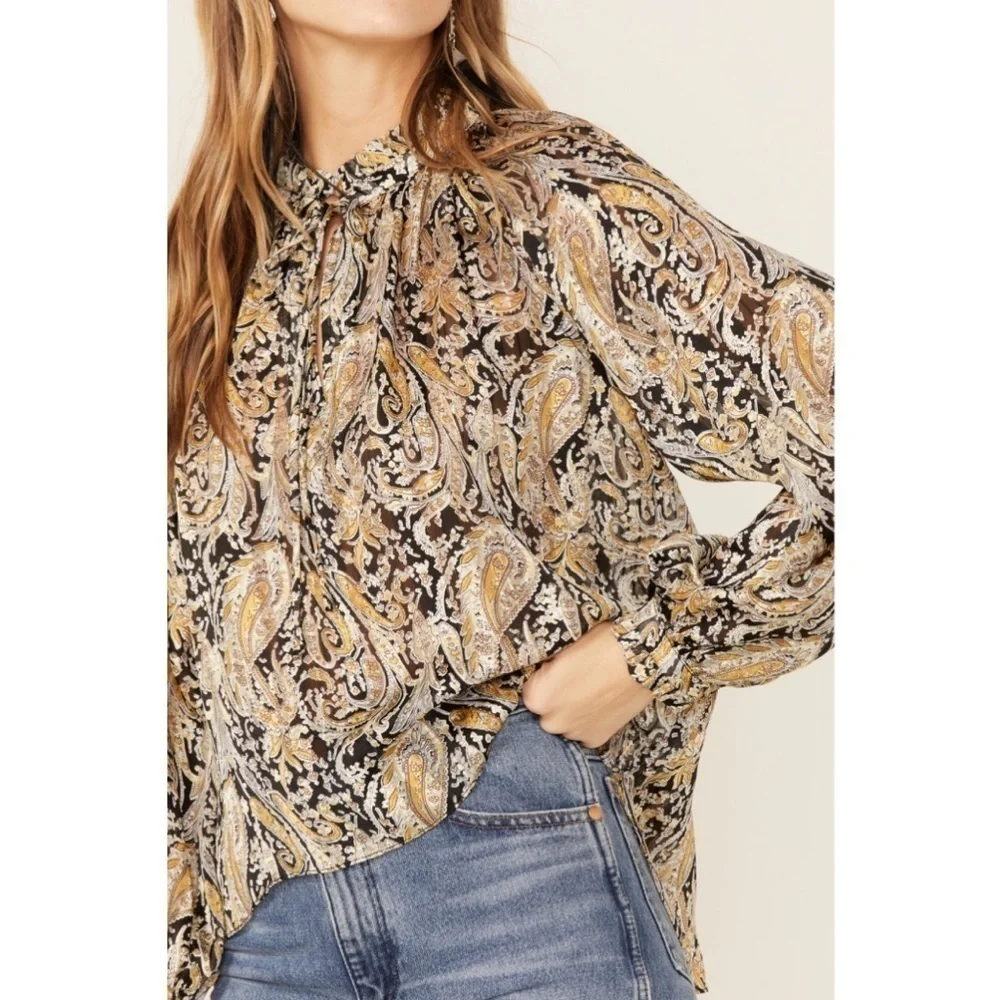 Elan Paisley Print Long Sleeve Chiffon Peasant Top Size S